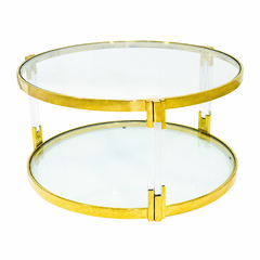 Mesa de Centro Redonda Metal Dourado Moderna Detalhe Triplo Tampo Vidro