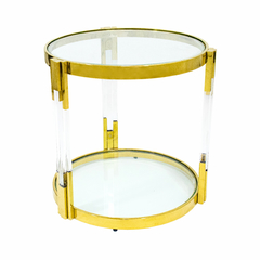 Mesa Lateral Redonda Metal Dourado Moderna Detalhe Triplo Tampo Vidro