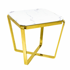 Mesa Lateral Metal Dourado Marmore Base em X Luxo Alta Decoração