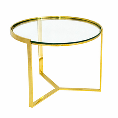 Mesa Lateral Metal Dourado Base Moderna Tampo Vidro Luxo