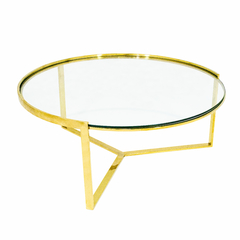 Mesa de Centro Metal Dourado Base Moderna Tampo Vidro Luxo