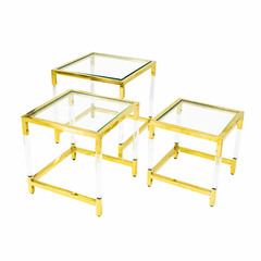Conjunto Mesas Metal Dourado Quadrado Tampo Vidro Alta Decoração