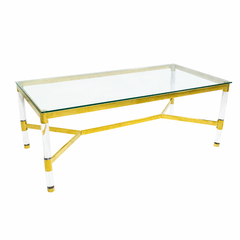 Mesa de Centro Retangular Metal Dourado Moderna Tampo Vidro Acrilico