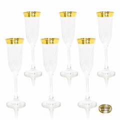 Conj Taças Champagne Cristal Italiano Ouro Prensado Grego Cristal