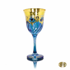 Taça Vinho Cristal Italiano Azul Guirlandas em Ouro Prensado