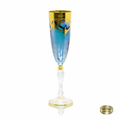Taça Champagne Classica Cristal Italiano Azul Guirlandas Ouro Filetado Base Lapidado