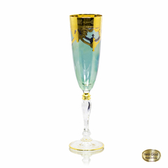 Taça Champagne Classica Cristal Italiano Azul Claro Guirlandas Ouro Filetado