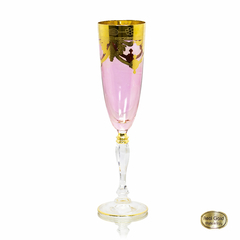 Taça Champagne Classica Cristal Italiano Rosa Guirlandas Ouro Filetado Base