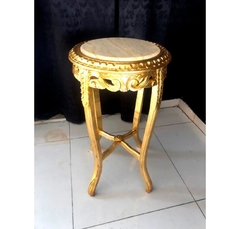 Mesa Lateral Luiz XV Redonda Folha Ouro toda trabalhada Marmore Travertino