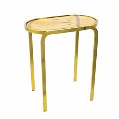 Mesa Lateral Oval Metal Dourado Tampo Vidro