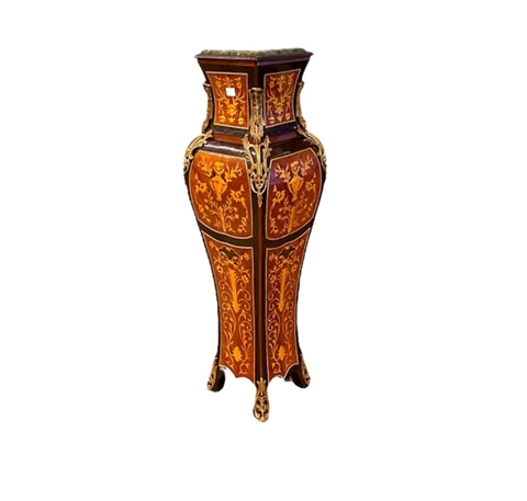 Coluna Abaulada Madeira Marchetaria Aplique Bronze