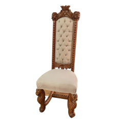 Cadeira Madeira de Lei Entalhada a Mão Escultura Leão Encosto Alto com Capitonê