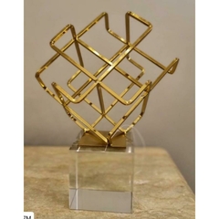 Escultura Decorativa Medio Cubo Dourado Cobre Base Cristal