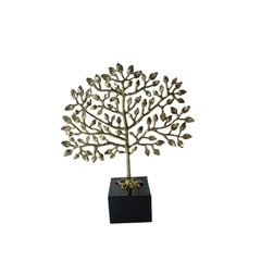 Escultura Decorativa Metal Dourado Arvore Folhas Menor com Base