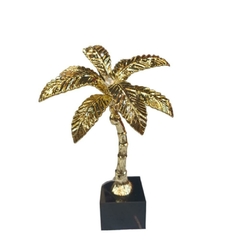 Escultura Decorativa Metal Dourado Coqueiro Menor Finos Detalhes Base Marmorizado Preto