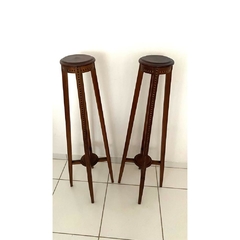Par de Suporte de Floreiro Redondo Imbuia Marchetada Classico Fino Design