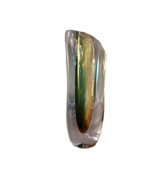 Vaso Murano Longo 32cm Verde e Amarelo Borda Transparente