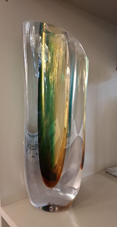 Vaso Murano Longo 32cm Verde e Amarelo Borda Transparente - comprar online