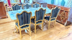 Mesa De Jantar Madeira Entalhes Folha Ouro Tampo Marmore Lux