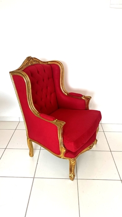 Poltrona Luiz Xv Folha Ouro Tecido Vermelho Capitone Luxo
