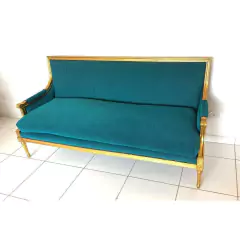 Sofá Clássico Luiz Xiv Folhado A Ouro Tecido Verde