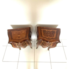 Par Mesa de Cabeceira Madeira Maciça Com Marquiterrie e Apliques de Bronze 3 Gavetas na internet
