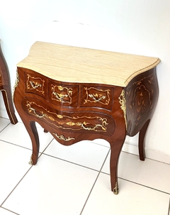 Comoda Bombe 4 Gavetas Madeira Maciça Marchetada Apliques de Bronze Tampo Marmore Verde