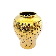 Vaso Ceramica Dourada Bojudo Vazados Decorativos Detalhes