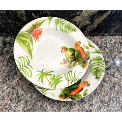 Par de Pratos Porcelana Decorativos Nobre Papagaio e Folhas Belissimos