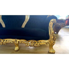 Sofa Primeira Classe Folha Ouro Entalhe Luxuoso Tecido Preto - comprar online