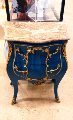 Mesa Cabeceira Bombê Azul Bronze Frontal Marmore Com Veios