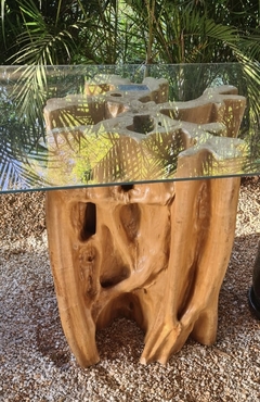 Mesa Base Raiz Madeira Maciça Fino Acabamento Tampo Vidro - LUXdécor