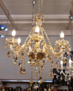 Lustre Classico Cristal Âmbar Pingentes 06 Braços Luxuoso