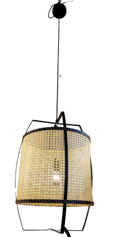 Pendente Metal Preto Redondo Rattan Acabamento Estrutura Lux