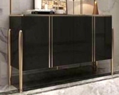 Aparador Moderno Vidro Preto Base Metal Dourado Luxuoso