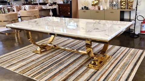 Mesa De Jantar Moderna Luxo Metal Dourado Arco Marmore Branc