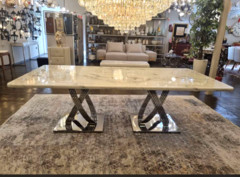 Mesa Metal Prata Tampo Marmore Branco Veios Moderno Luxuosa - comprar online