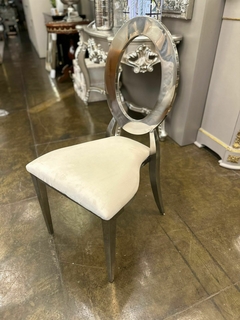 Cadeira Metal Prateado Moderno Encosto Oval Vazado Fino Acabamento Assento Estofado