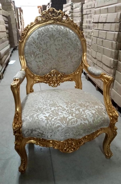 Poltrona Luiz XV Rico Entalhes Luxuosos Folha de Ouro Tecido Damasco - comprar online