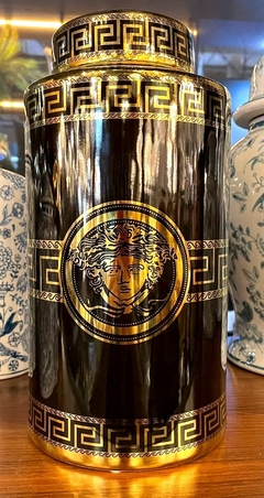Potiche Redondo Porcelana Preta Menor Detalhe Dourado Versac