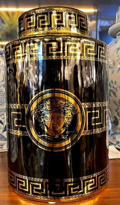 Potiche Redondo Porcelana Preta Maior Detalhe Dourado Versac