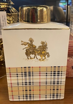 Potiche Decorativo Porcelana Nobre Retangular Xadrez Detalhe