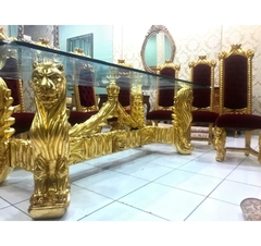 Mesa de Jantar 08 Cad. Madeira de Lei Entalhes Cara e Pata de Leão Folhado Ouro Luxuosa
