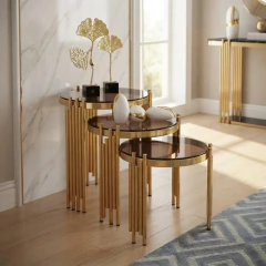 Trio De Mesinhas Moderna Decorativa Metal Dourado Tampo Fumê - comprar online