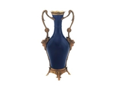 Vaso Ânfora Porcelana Azul Escuro Alças Bronze Base Luxuosa