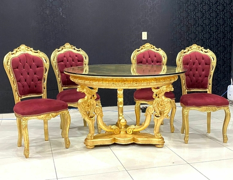Mesa 4 Cadeiras Classico Europeu Madeira Folha Ouro Rico