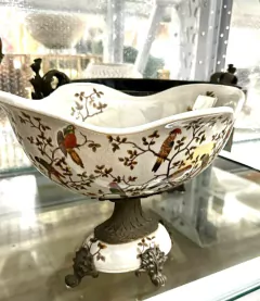 Vaso Fruteira Com Base Porcelana Craquelado Florais Passaros - comprar online