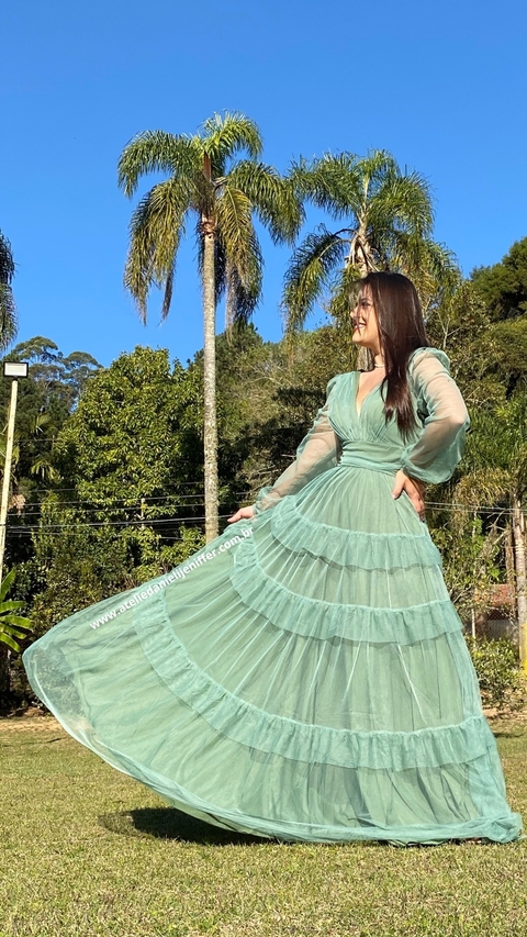 Vestido Longo Três Marias Manga Longa Verde