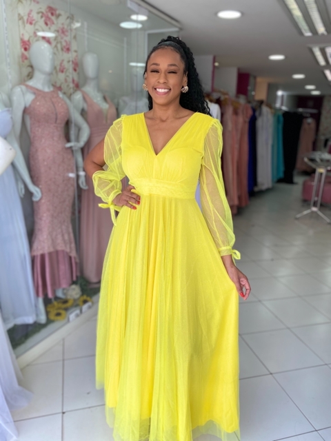 Vestido Longo Amarelo Manga Longa Laço