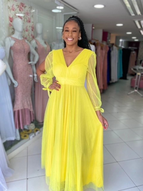 Vestido Longo Amarelo Manga Longa Laço